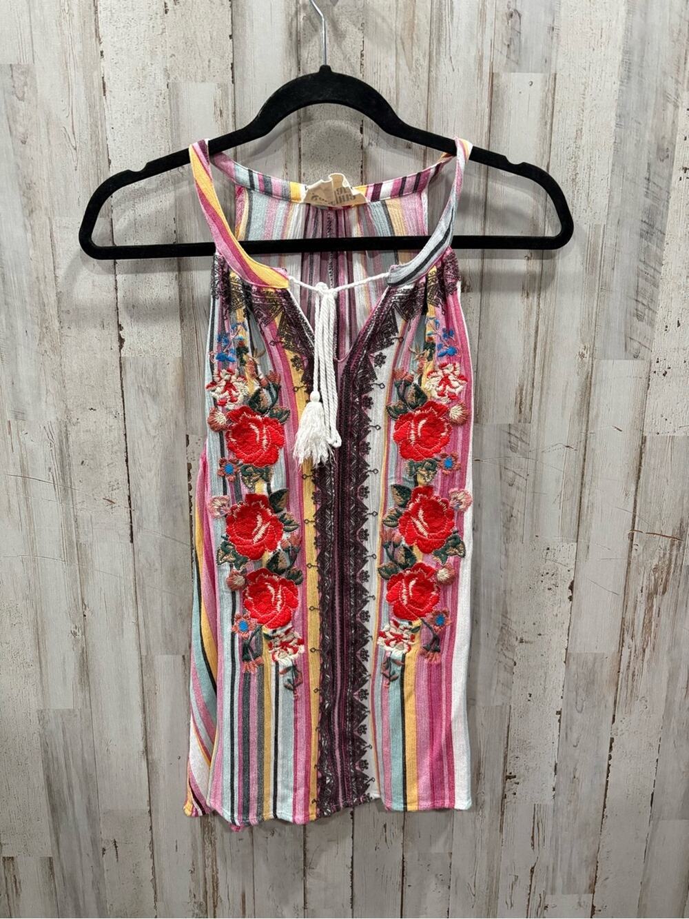 Savanna Jane Embroidered Rose Floral Stripe Sleeveless Boho Tank Top Medium
